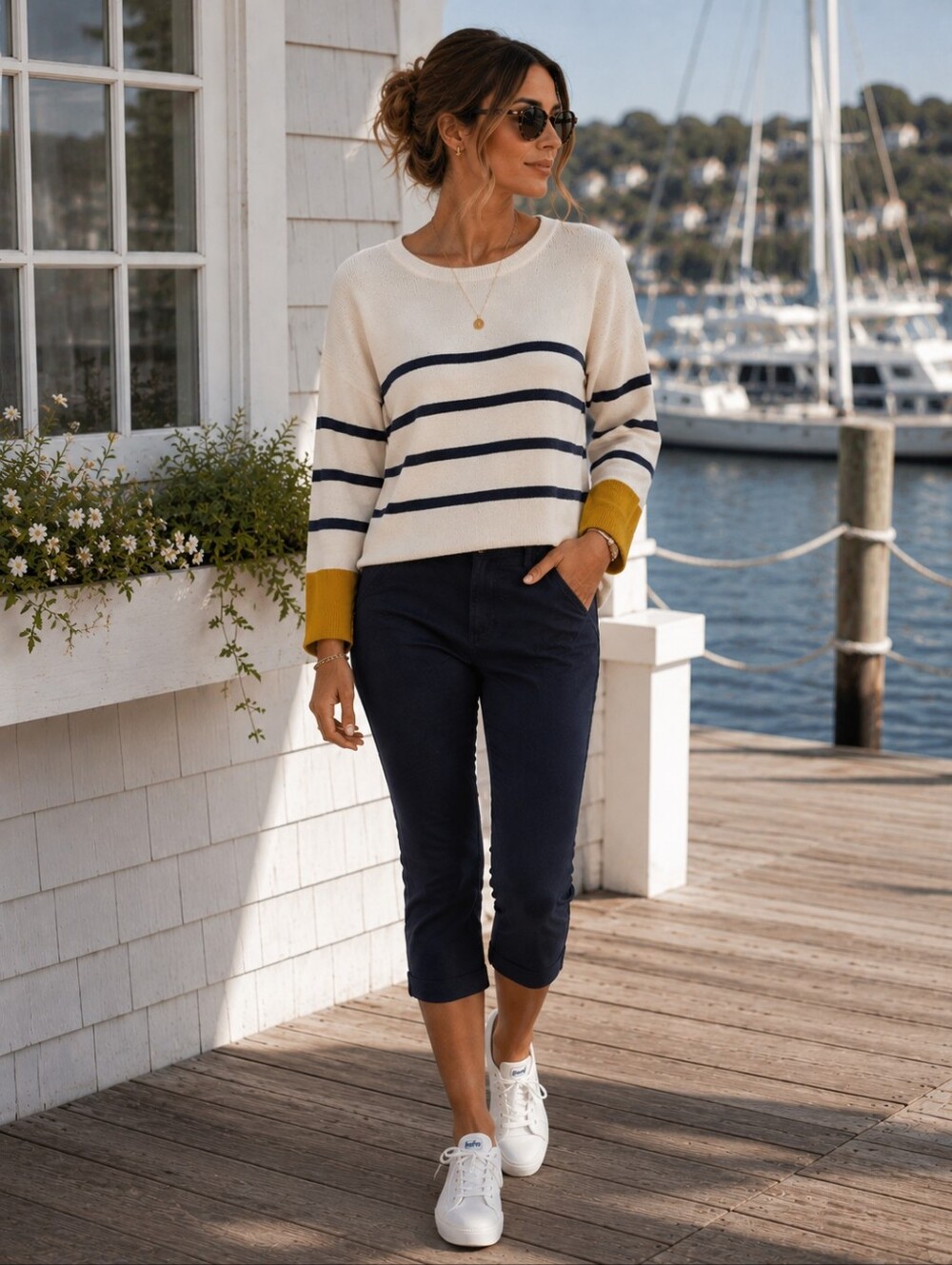 Poof Apparel Cream Crewneck Sweater with Navy Stripes and Mustard Cuffs SZ S - Picture 2 of 7